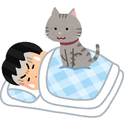 睡眠中に猫に乗られる人のイラスト（男性）