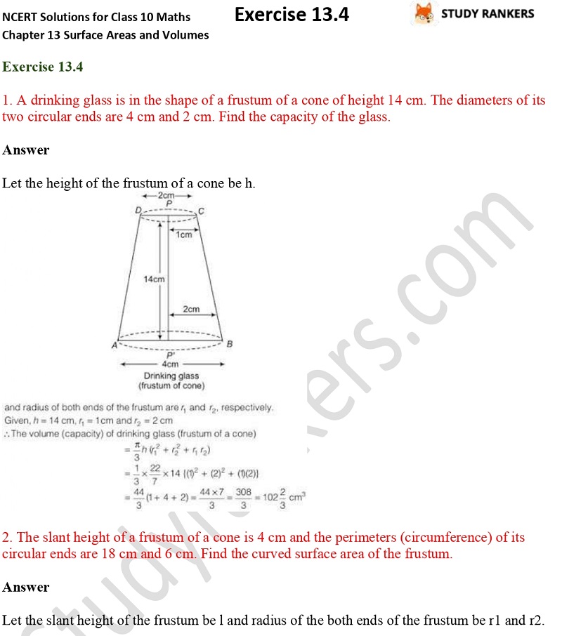 NCERT Solutions for Class 10 Maths Chapter 13 Surface Areas and Volumes Exercise 13.4 Part 1