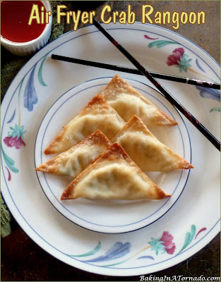 Air Fryer Crab Rangoon: creamy filling in a crispy wonton shell, cooked in the air fryer for a lower fat option. | recipe developed by www.BakingInATornado.com | #recipe #appetizer