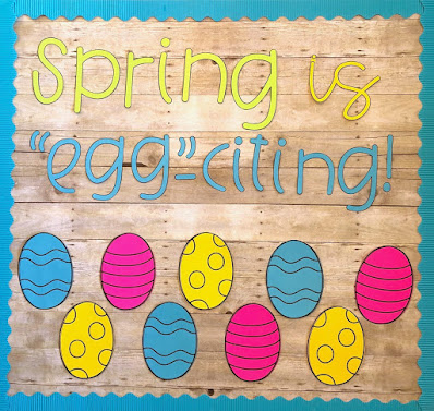 Easter Egg bulletin board with writing prompt for March and April