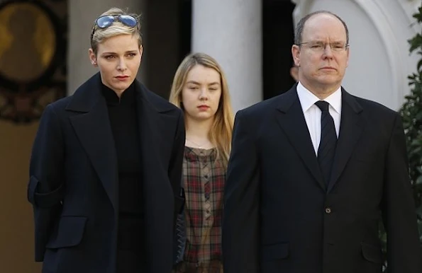 Prince Albert II of Monaco and Princess Charlene of Monaco, Princess Caroline of Hanover and Princess Alexandra observe a minute of silence on November 16, 2015 at the Monaco Palace in Monaco 