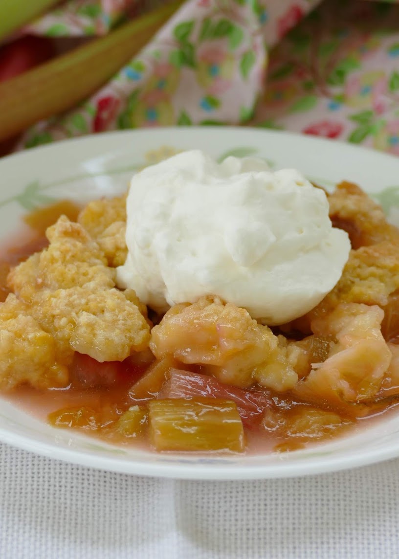 This lovely springtime rhubarb dessert couldn't be any easier! Simple ingredients, ready in less than an hour and so good with the sweet and tangy flavors! Top with whipped cream or ice cream for that extra bite of sweetness!