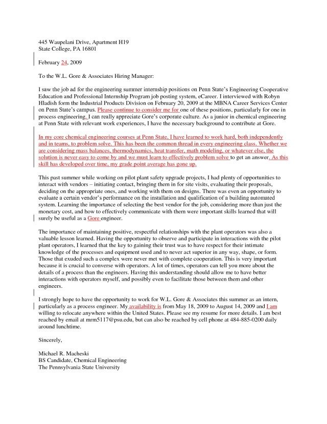 Chemical Engineering Internship Cover Letter Birthday Letter