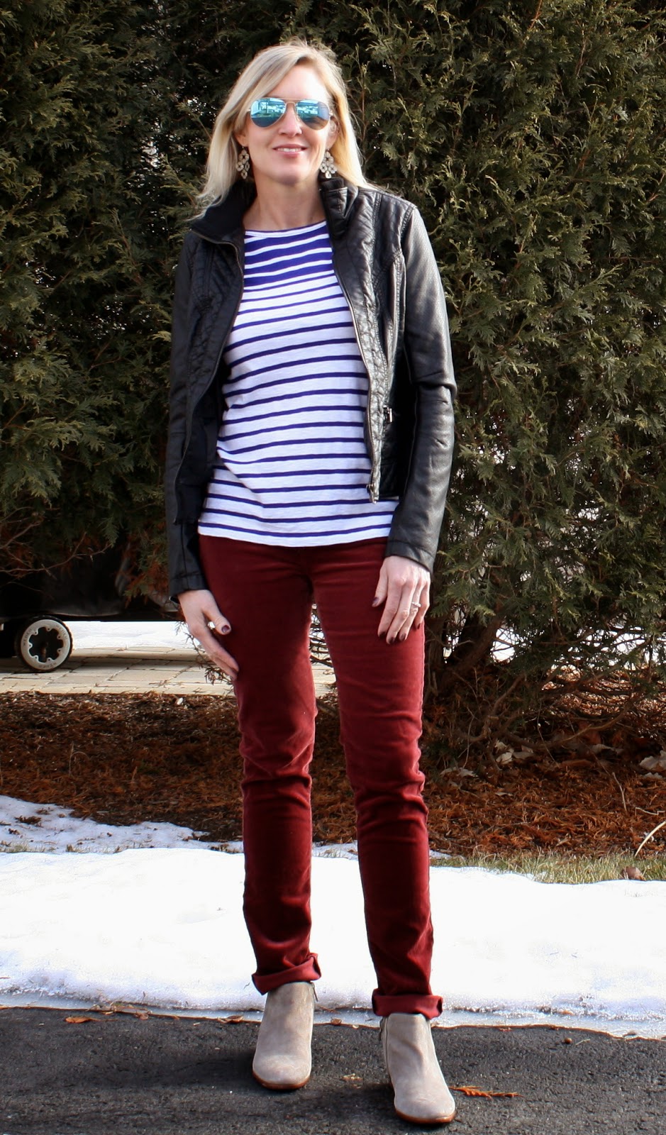 Pinspired outfit: striped tee, moto jacket, marsala jeans