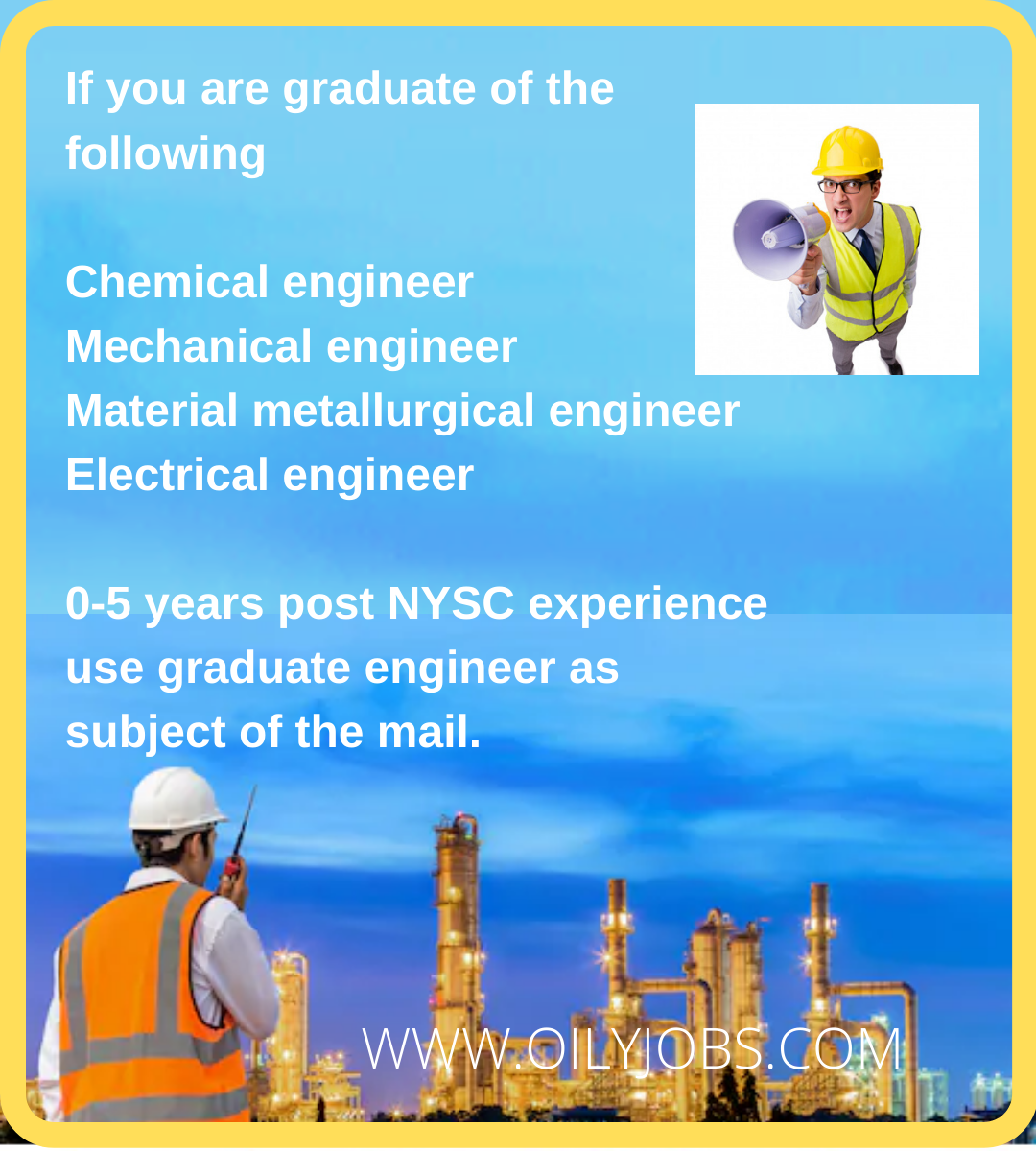 Chemical engineer Mechanical engineer Material metallurgical engineer