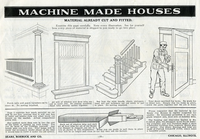 1916 catalog page describing Sears already cut house kits, pre-cut house construction