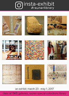 Poster for "Insta-Exhibit" exhibition. It shows nine images from Rauner Library's Instagram: an Ethiopian scroll; a cuneiform tablet; a jugsaw puzzle; a minitature book of Rudolph; a marbled endpaper; two people and a piece of the Old Pine; a manuscript drawing of a ship; a mineature book next to a hair pin; an a detail from a medieval manuscript.