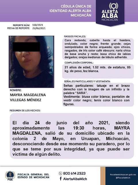 En Uruapan, localiza Fiscalía General a joven reportada como desaparecida