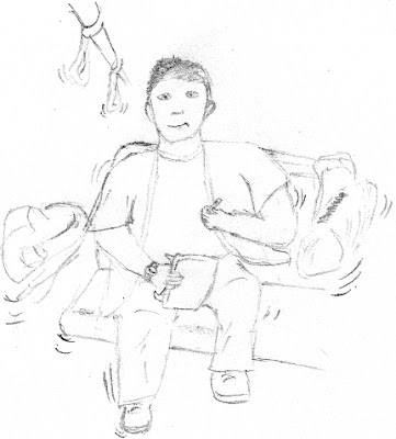 Image:A young man in a t-shirt and short-sleeved jacket is shown smiling uncomfortably at the camera, as he attempts to draw in a bus seat where everything bounces around exaggeratedly.