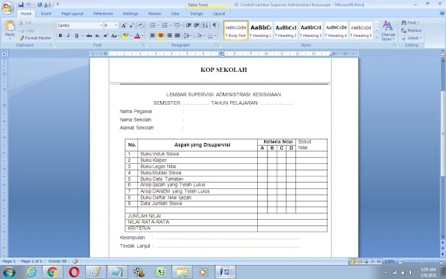 Contoh Lembar Supervisi Administrasi Kesiswaan