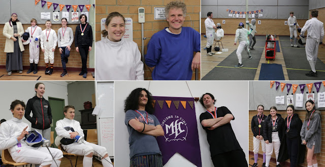 Stacked images (two rows of three images): top row from left: a group shot of four fencers with medals around their necks standing beside the club’s Pharaoh (yep, you heard right), then a portrait of two sabre fencers (one young, one with grey curly hair) facing camera with beaming smiled, then a shot of the room with two pistes of fencers fencing (sabre on the left piste, epee on the right). Second row from left: two fencers sit on chair relaxing between bouts, one fencer stands behind these two, they all look happy because fencing is the coolest sport! In the middle two cool dudes, one on either side of the regal club banner, shot from below to make them look hell tough. Finally, four fencers with medals around their necks looking super happy and yep, one of them is wearing a cape! Toldya fencing is cool!