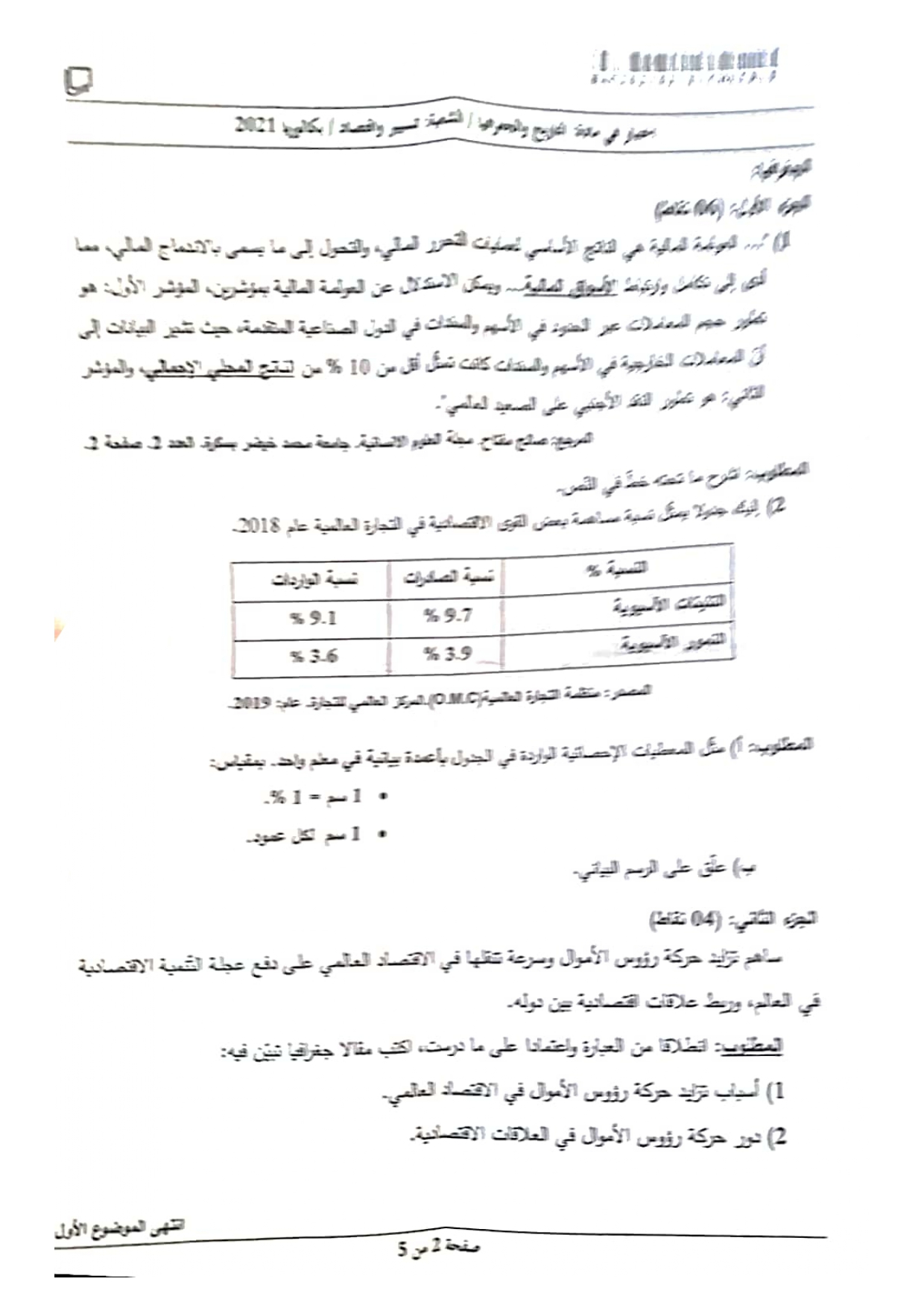 موضوع التاريخ والجغرافيا بكالوريا 2021 شعبة تسيير واقتصاد