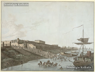View of old fort Ghat adjoining old Fort William where goods and passengers were unloaded from ships and which was also a bathing place for the people and old fort buildings repaired and used as a Customs House, Calcutta, 1787