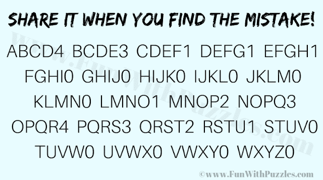 Can you find the mistake? ABCD4 BCDE3 CDEF1 DEFG1 EFGH1 FGHI0 GHIJ0 HIJK0