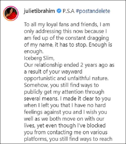 Waaawu! Juliet Ibrahim openly tells ex-boyfriend Iceberg Slim to leave her alone