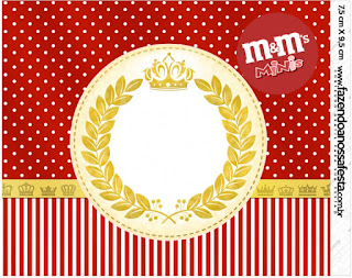 Etiqueta M&M de Corona Dorada en Rojo para imprimir gratis.