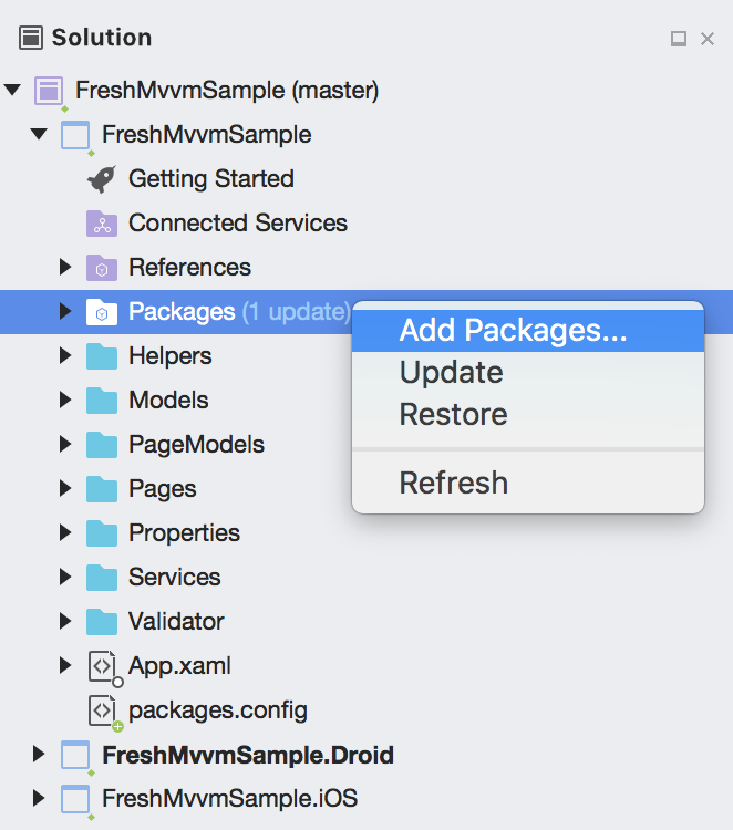 So right click on FreshMVVMSample project Packages and click on Add