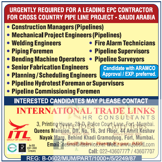Leading EPC Pipeline Project Jobs for Saudi Arabia Gulf Jobs for