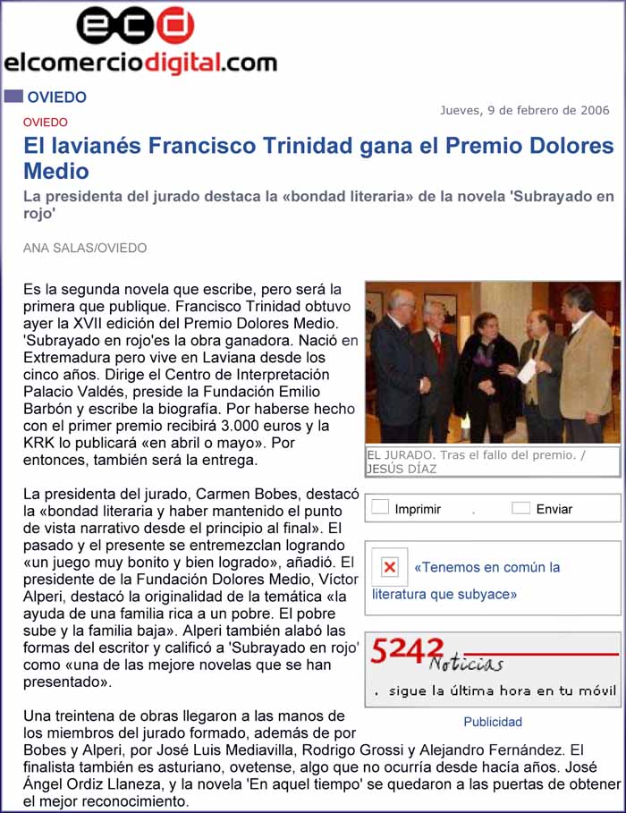 Premio "Dolores Medio" a Francisco Trinidad "Subrayado en rojo"
