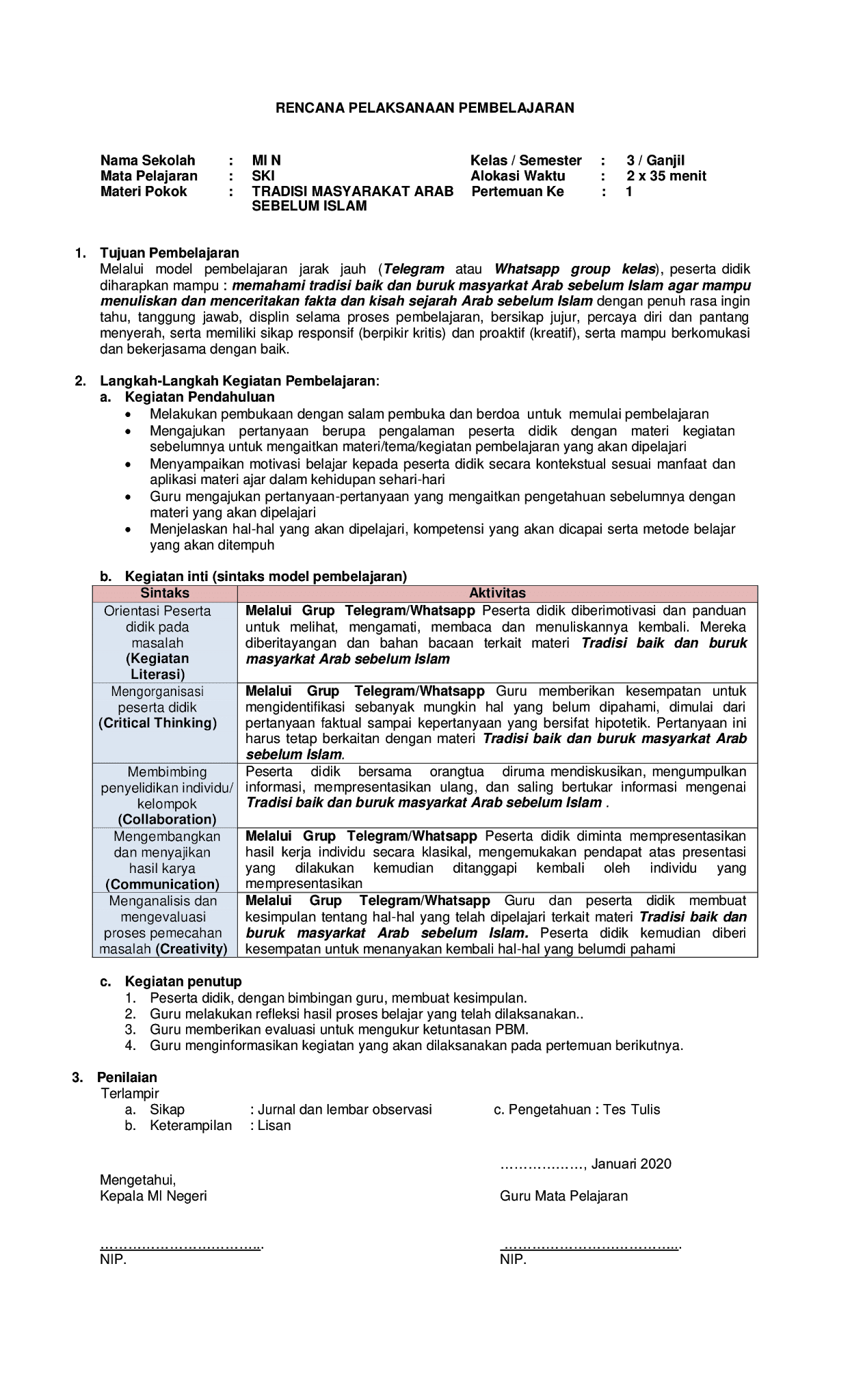 Download Contoh RPP Daring Sejarah Kebudayaan Islam (SKI