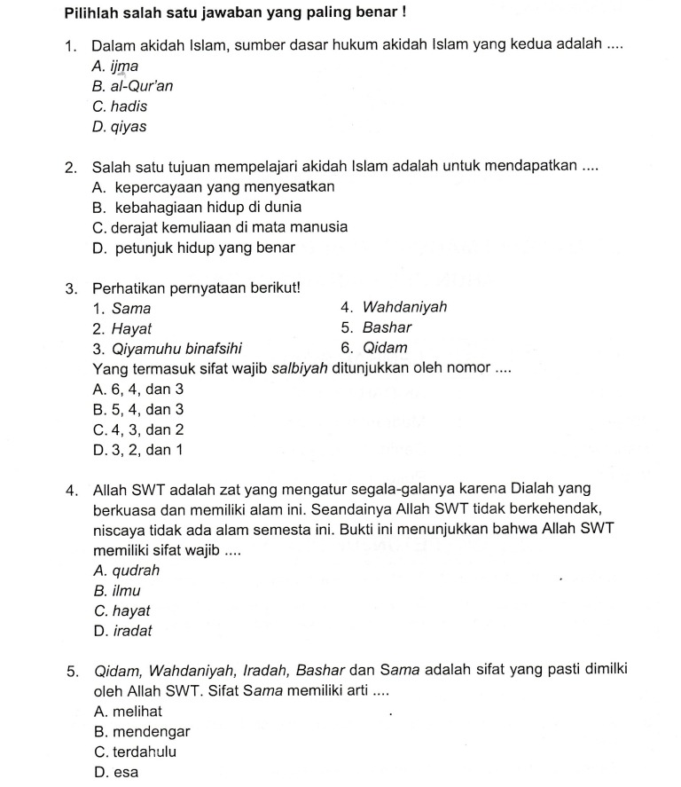 Kunci Jawaban Soal Akidah Akhlak