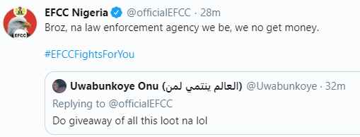 Hilarious! EFCC replies Nigerian who asked them to do giveaway with recovered loots