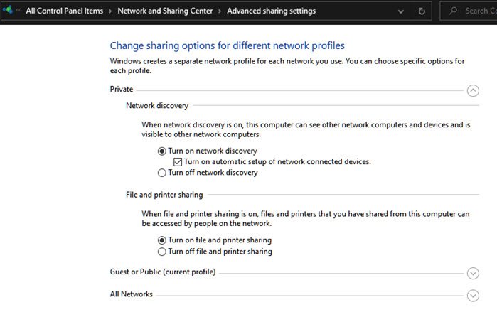 Cambiar la configuración de descubrimiento de red Windows