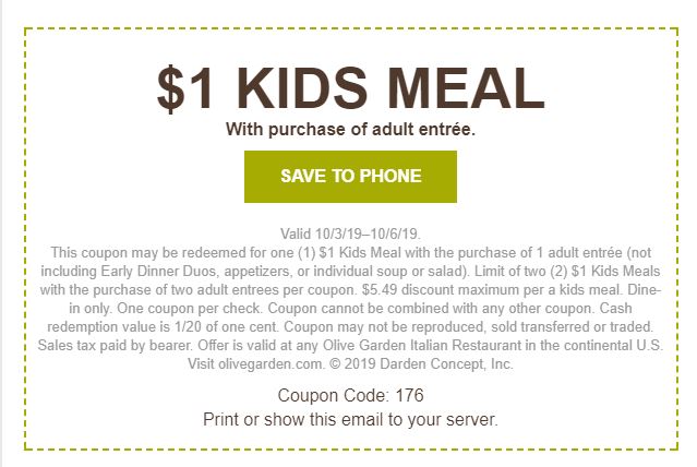 Arizona Families Olive Garden Coupon Kids Meal Deal 1 October 2019