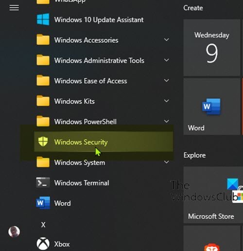 시작 메뉴를 통해 Windows 보안 열기