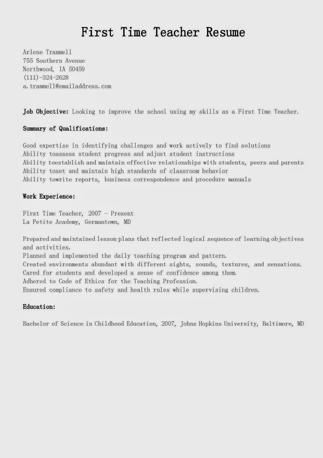 Resume Samples First Time Teacher Resume Sample 