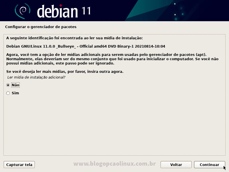O instalador irá perguntar se deseja ler outro DVD de instalação adicional do Debian