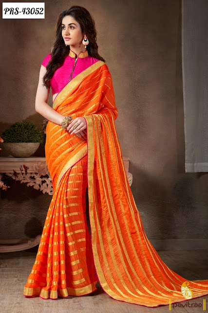 Latest fashion orange satin georgette saree online shopping at best Indian price