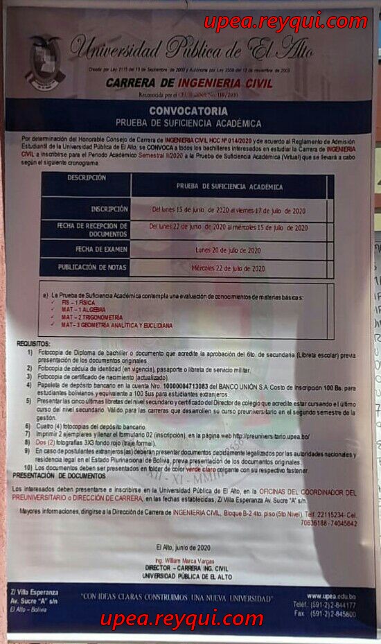 Ingeniería Civil UPEA II/2020: Convocatoria a la Prueba de Suficiencia Académica