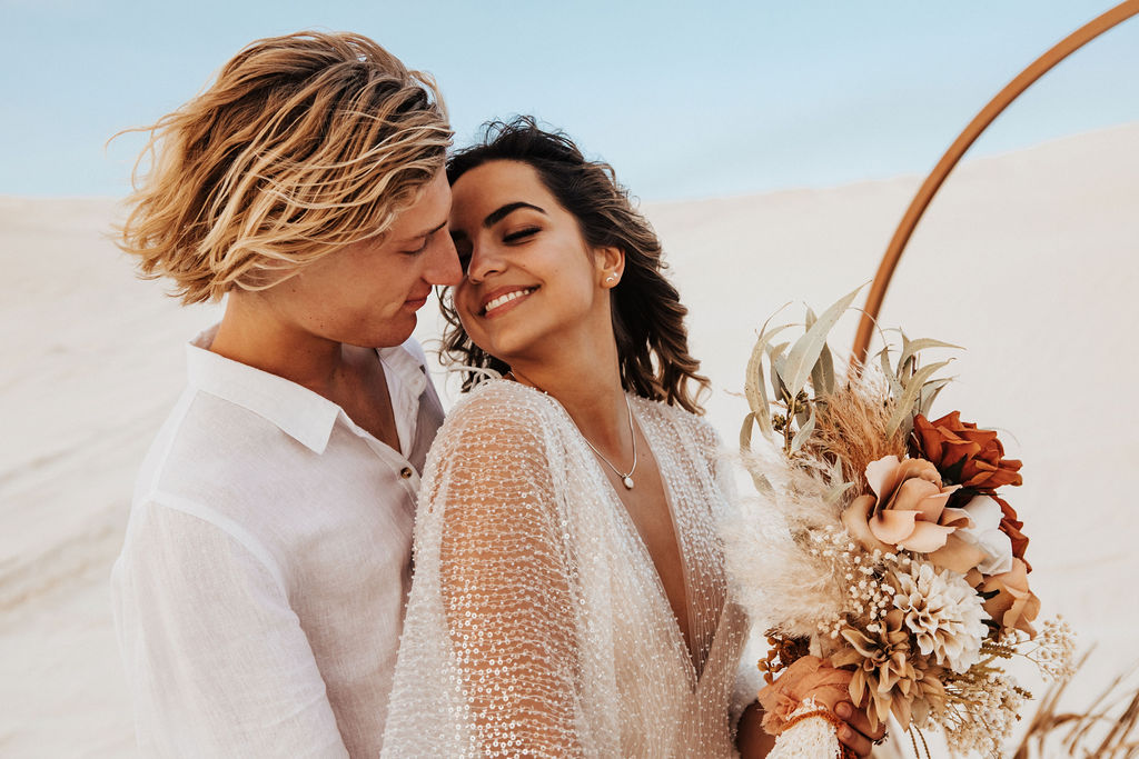 to the aisle australia | run away with me boho styled shoot perth Jypsea photography perth weddings sand dunes elopement bridal gowns hair makeup florals styled boho