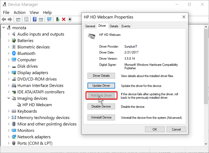 ウェブカメラドライバーをロールバックする