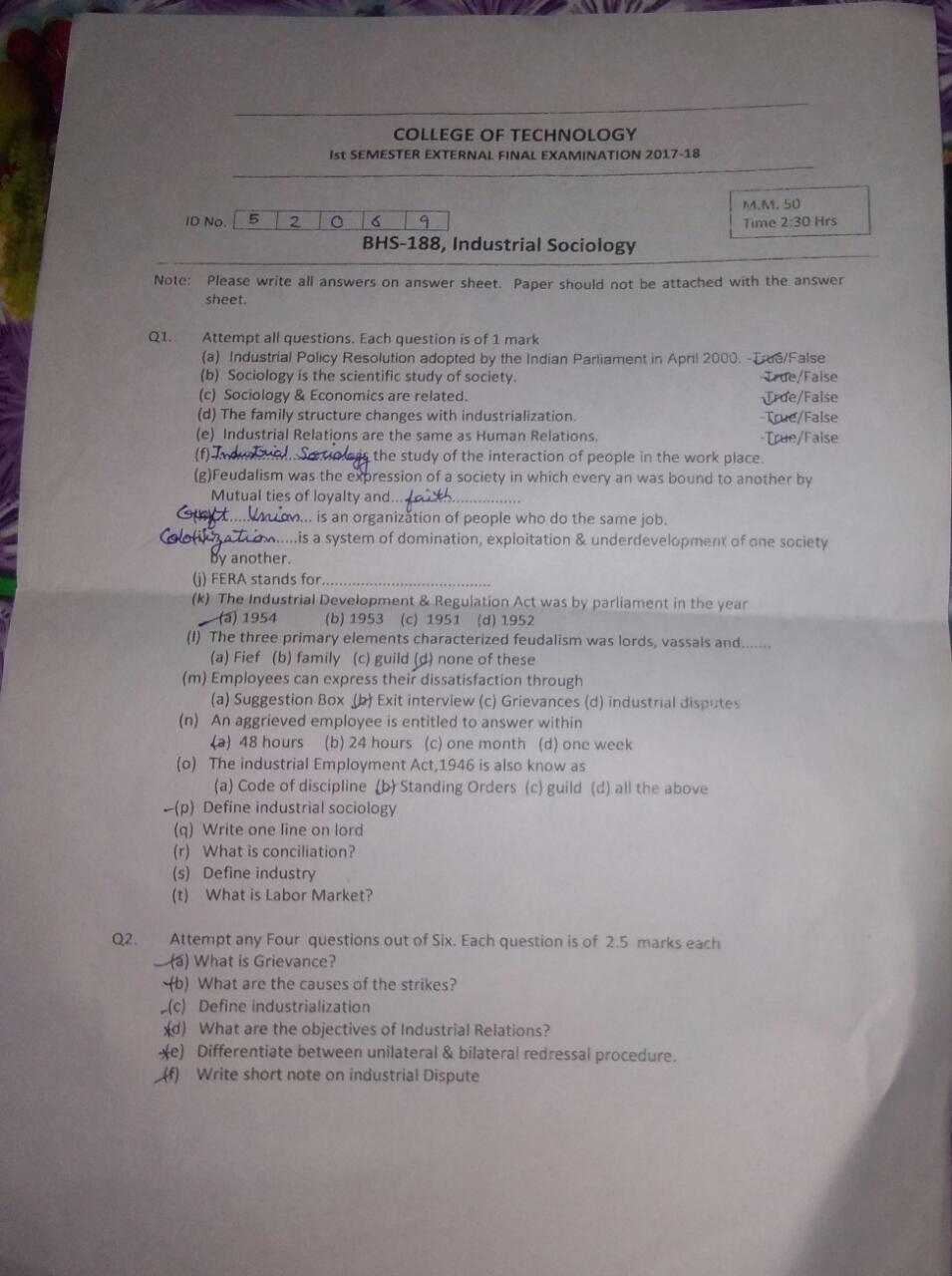 Sociology Semester Ending Examination
