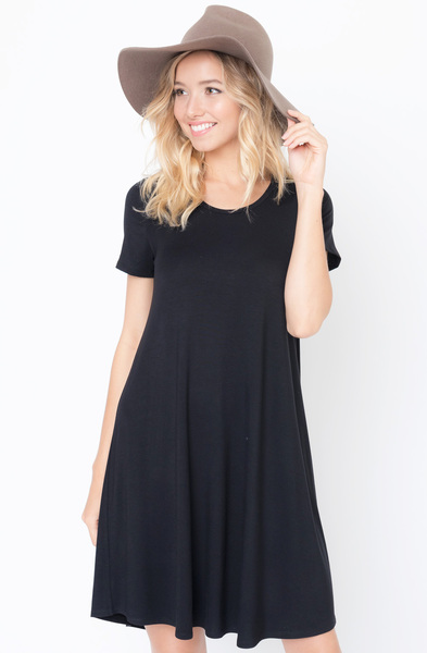 Shop for Black Flared Tee Dress Scoop Neck and Short Sleeves On Caralase.com