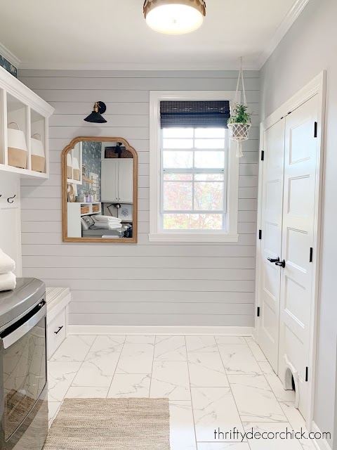 Shiplap gray wall mud room