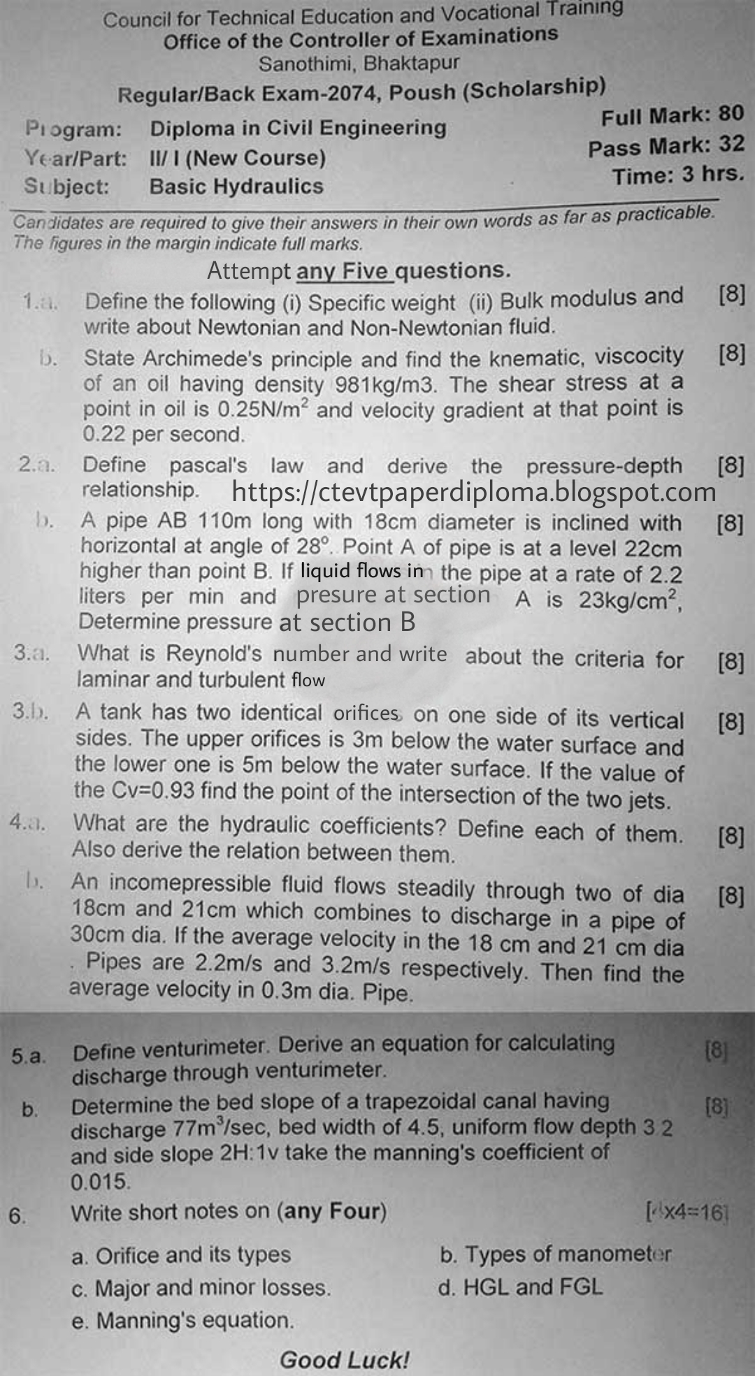 CTEVT Basic Hydraulics Diploma in Civil Question paper 3rd sem