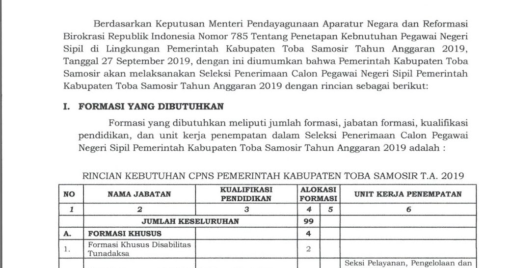 Penerimaan Cpns Kabupaten Samosir Sumatera Utara Tahun 2019