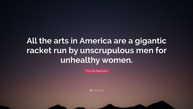 This is a photo of a night sky over mountains, which creates a backdrop for the Thomas Beecham quote: "All the arts in America are a gigantic racket run by unscrupulous men for unhealthy women."