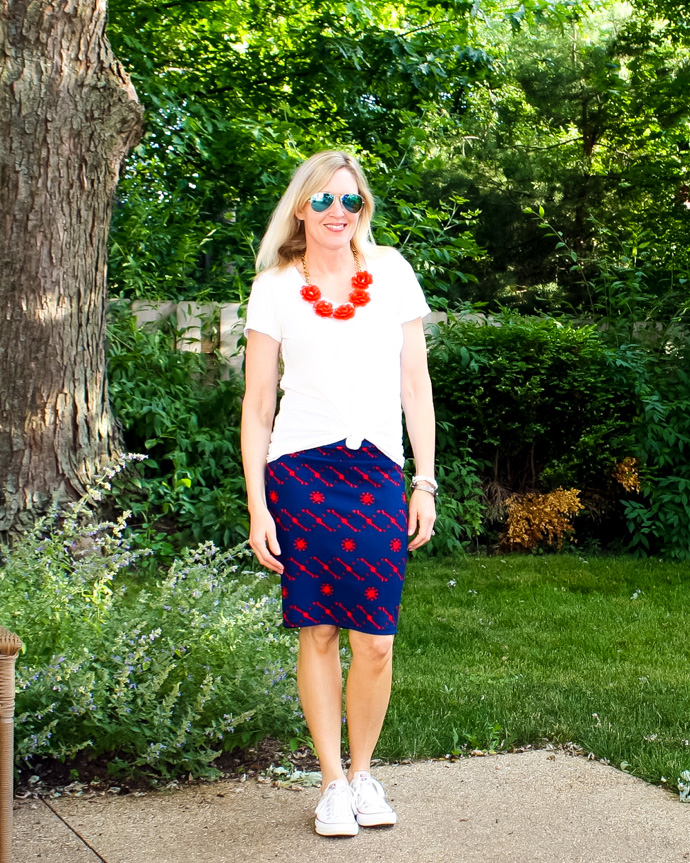 red and blue midi skirt outfit