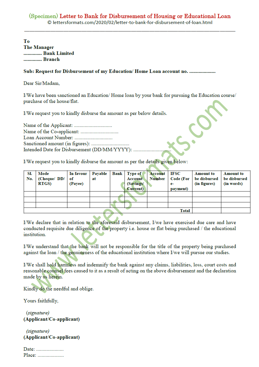 loan disbursement letter format