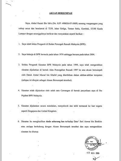 Anwar Dedah Akuan Sumpah Bekas Pengarah Siasatan BPR RM3 