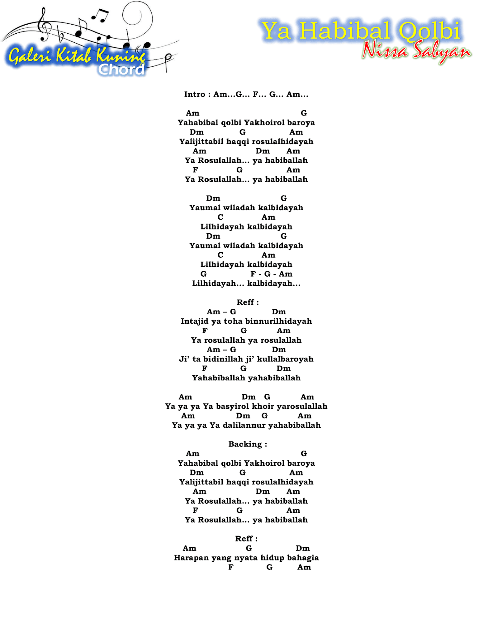 Lirik Dan Chrod Sholawat Ya Habibal Qolbi - Nissa Sabyan