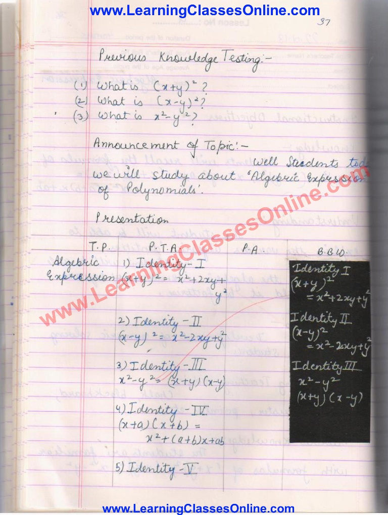 Math Lesson Plan on Algebraic expressions