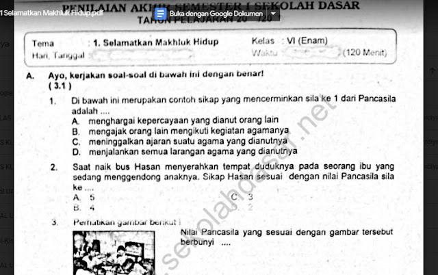 Soal Ulangan Semester 1 Kelas 6 Tema 1 Selamatkan Makhluk Hidup Sekolahdasar Net