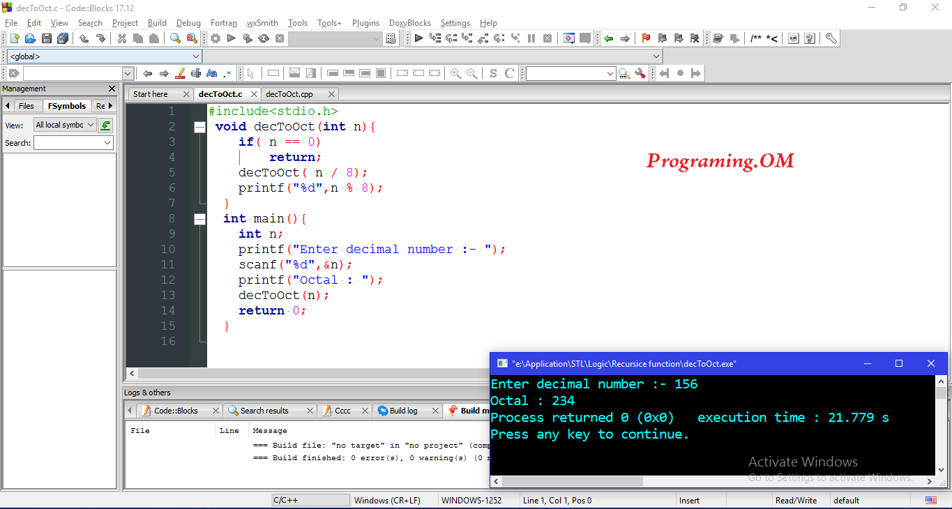 Program in c and c to convert decimal to octal number using recursive function