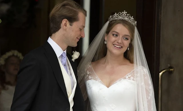 Alexandra wore an embroidered wedding dress by the bridal designer Phillipa Lepley and Ogilvy tiara