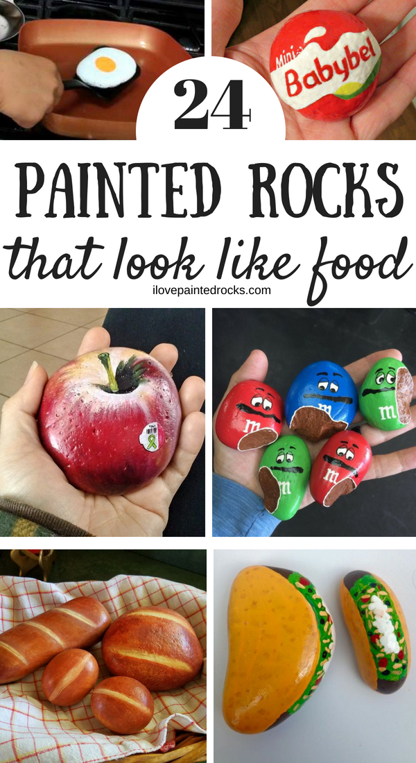 I love all these rock painting ideas! These painted rocks all look like food! From donuts to cheese, M&M's, bread and more. The apple and cinnamon roll are extra impressive!